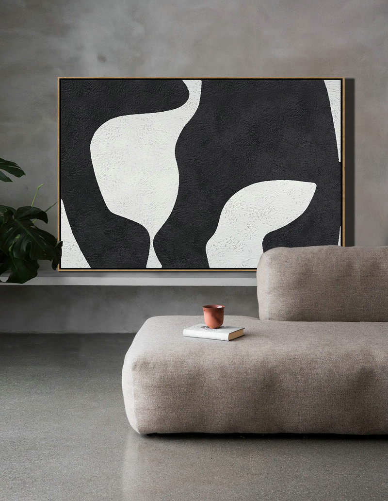 Oversized Custom Canvas Art,Hand Painted Oversized Horizontal Minimal Art On Canvas, Black And White Minimalist Painting - Modern Art